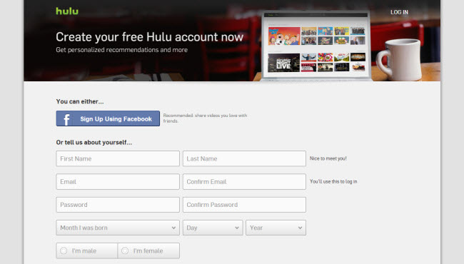 Страница регистрации Hulu Plus за пределами США с помощью Getflix
